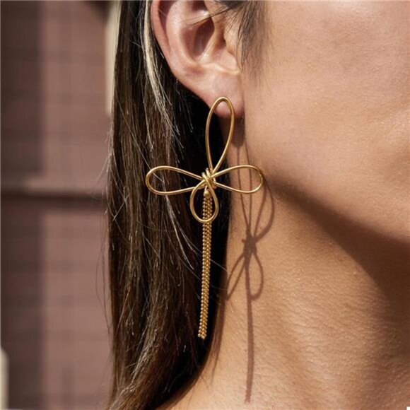 18K Gold-Plated Tassel Bow Earrings - Picture 1 of 7
